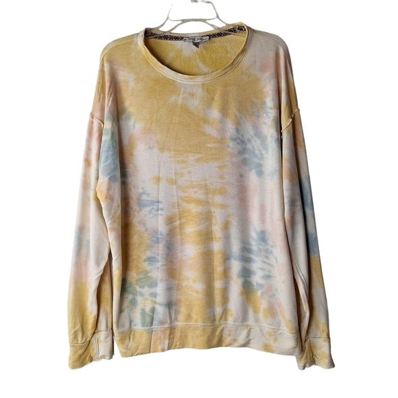 Knox Rose Medium Yellow Tie Dye Pastel Multicolor Long Ruffle Trim Sleeve Top - Picture 1 of 9